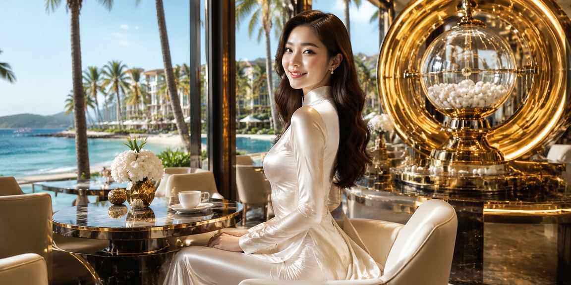 Người phụ nữ mặc áo dài trải nghiệm ứng dụng giải trí tại Phú Quốc